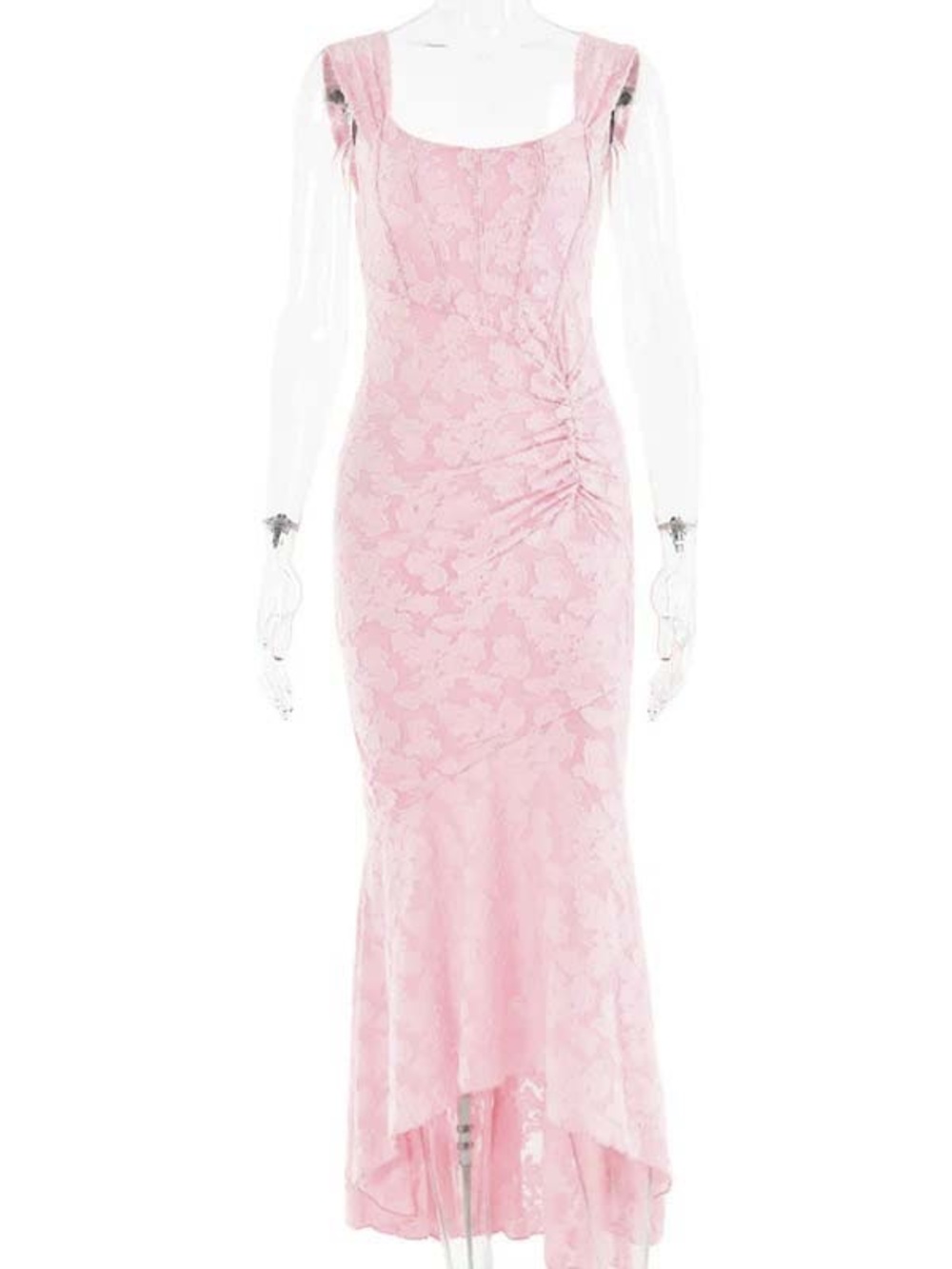 Elegant Pink Lace Maxi Dress with Ruched Detail